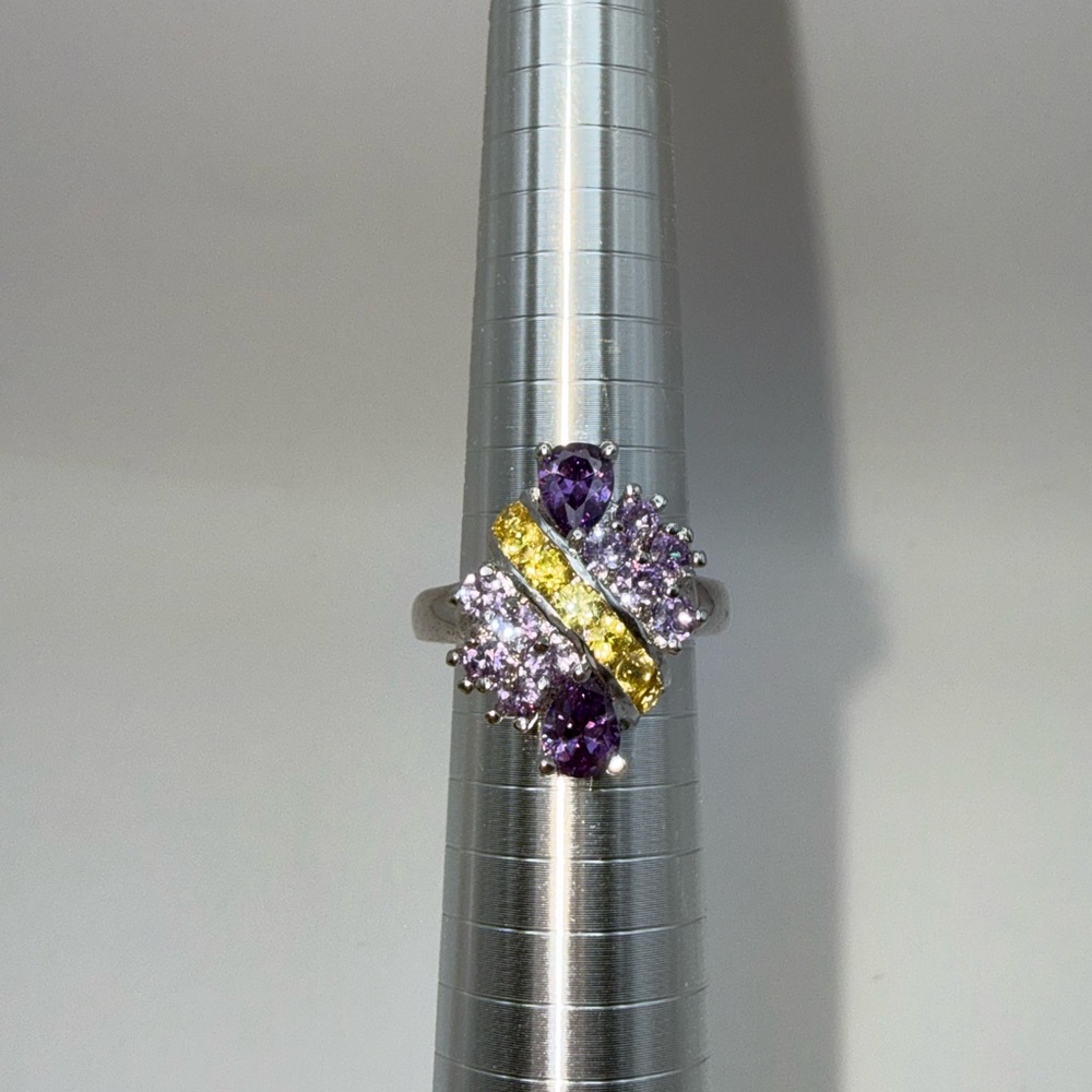 Sterling Silver Multi Gemstone Ring Purple Yellow Statement Ring Size 9